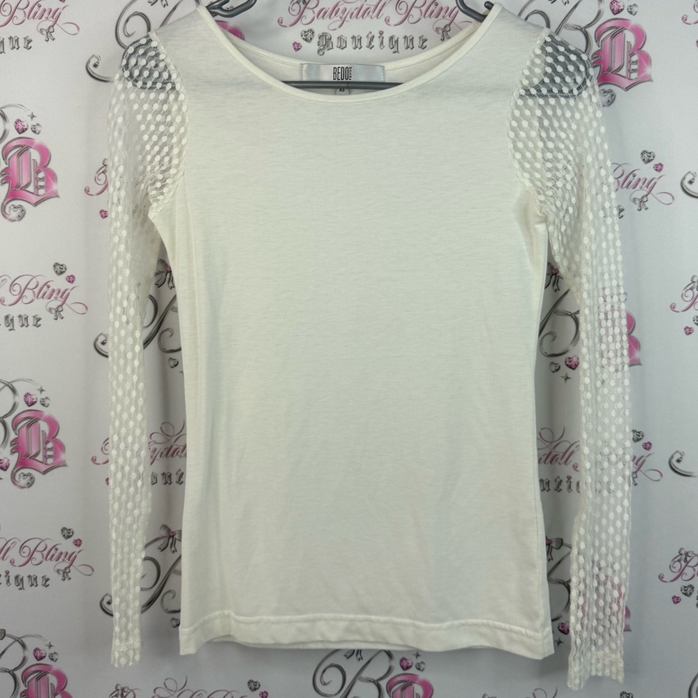 BEDO White Long Sleeve Top polka dot Mesh Detail sleeves shirt comfy white